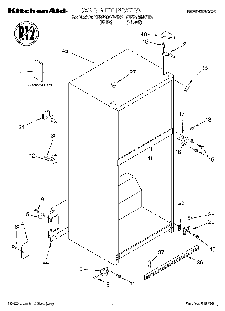 CABINET, LITERATURE Diagram and Parts List for KTRP19KJBT01  KitchenAid Refrigerator