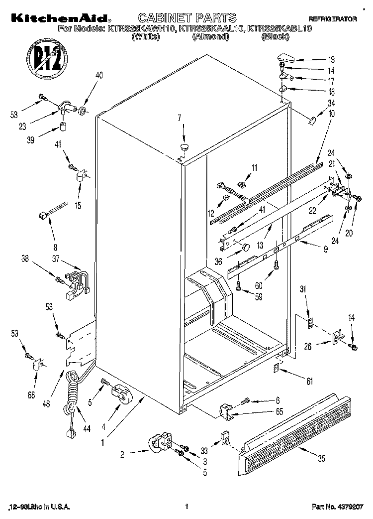 CABINET Diagram and Parts List for KTRS25KAWH10  KitchenAid Refrigerator
