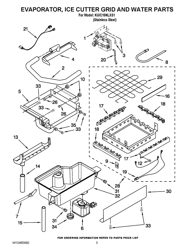 EVAPORATOR, ICE CUTTER GRID AND WATER PARTS Diagram and Parts List for KUIC15NLXS1  KitchenAid Ice Maker