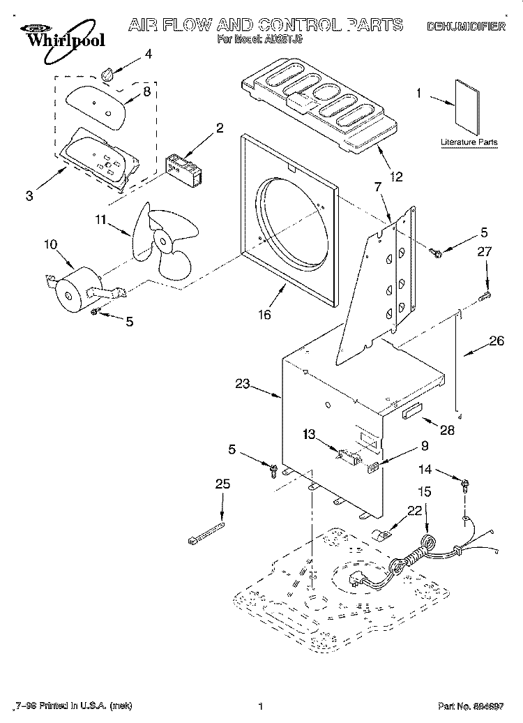 SECTION Diagram and Parts List for AD25TJ0  Whirlpool Dehumidifier