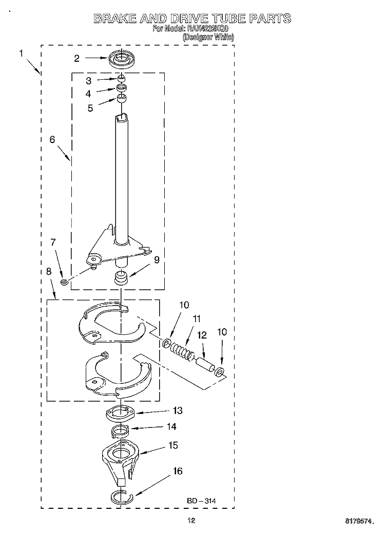BRAKE AND DRIVE TUBE Diagram and Parts List for RAX4232KQ0  Roper Washer