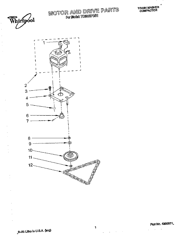 MOTOR AND DRIVE, LITERATURE Diagram and Parts List for TC800SPDB1  Whirlpool Trash Compactor