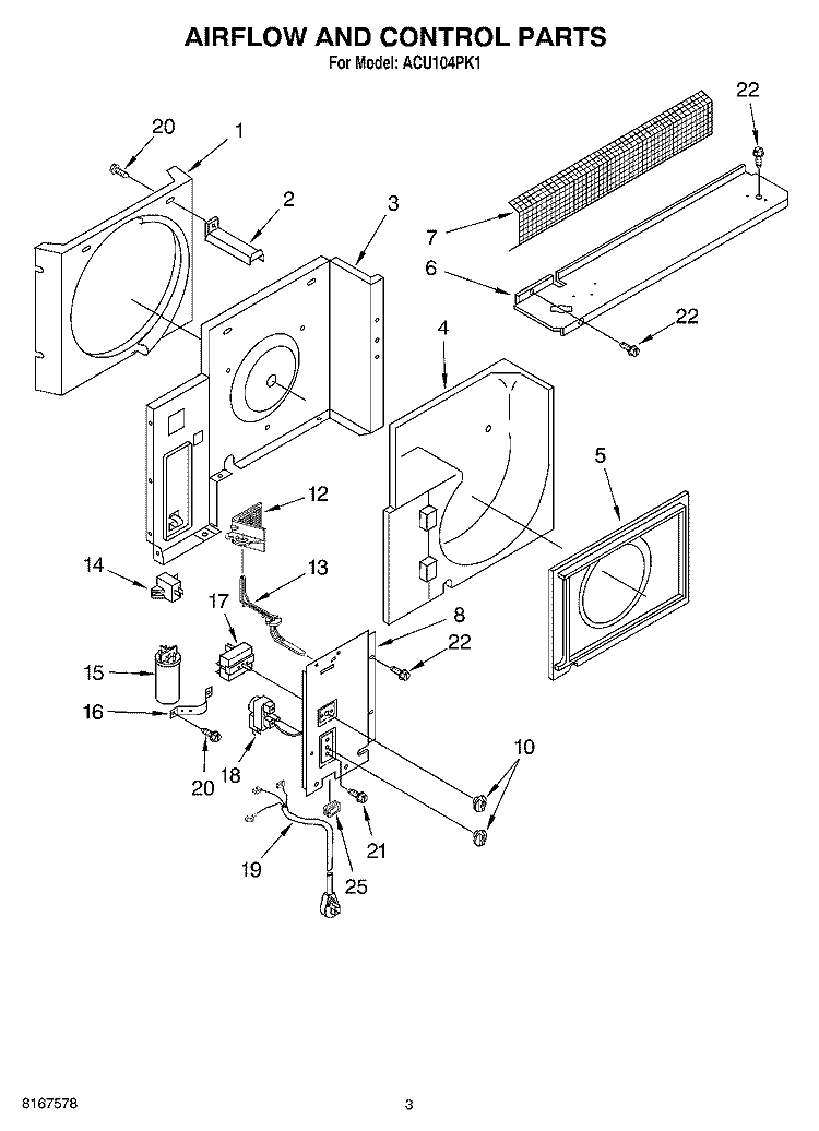 AIRFLOW AND CONTROL PARTS Diagram and Parts List for ACU104PK1  Whirlpool Air Conditioner