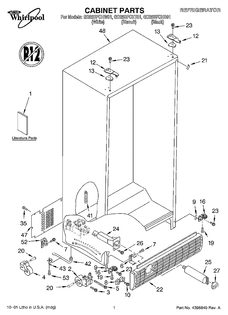 CABINET, LITERATURE Diagram and Parts List for GD25BFCHT01  Whirlpool Refrigerator