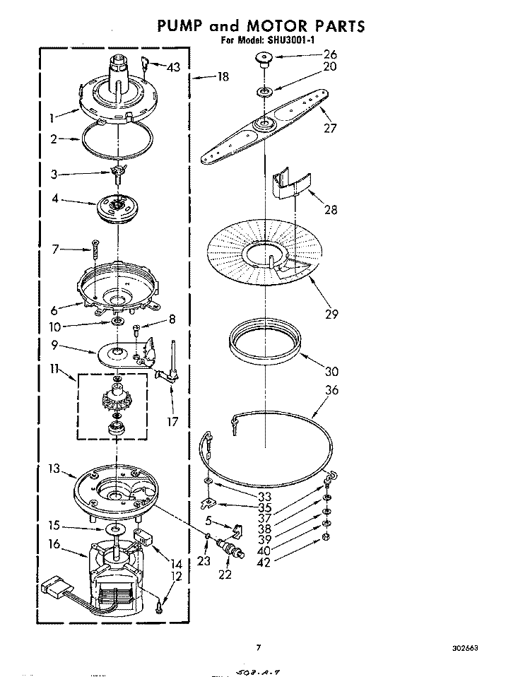 PUMP AND MOTOR Diagram and Parts List for SHU30011  Whirlpool Dishwasher