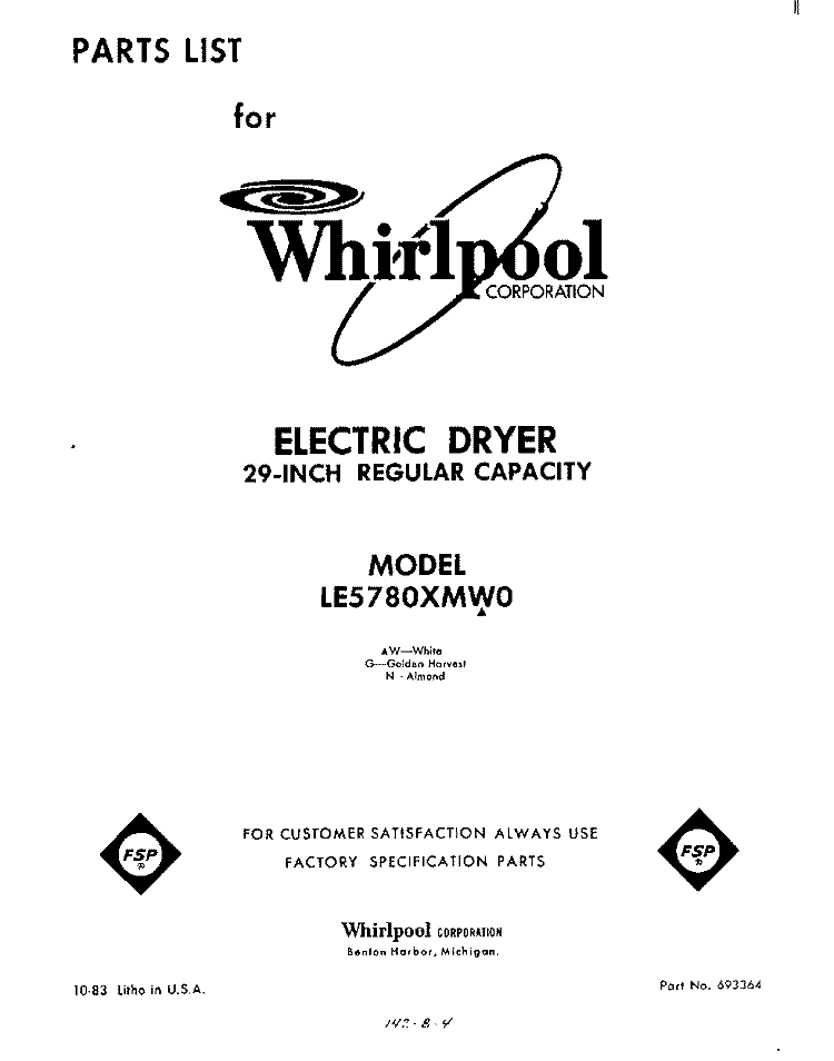 SECTION Diagram and Parts List for LE5780XMW0  Whirlpool Dryer