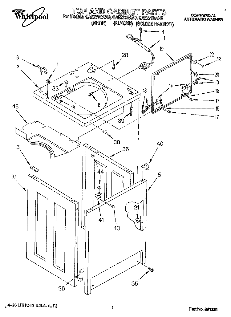 TOP AND CABINET, LIT/OPTIONAL Diagram and Parts List for CAE2792AG0  Whirlpool Washer