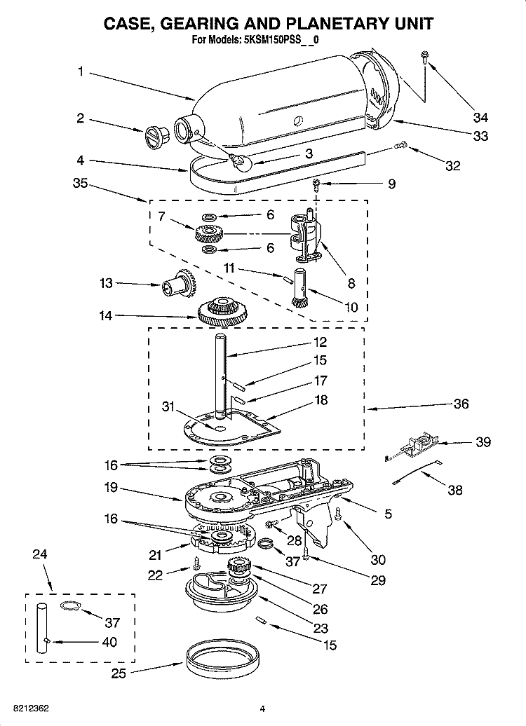 CASE, GEARING AND PLANETARY UNIT Diagram and Parts List for 5KSM150PSSOB0  KitchenAid Mixer