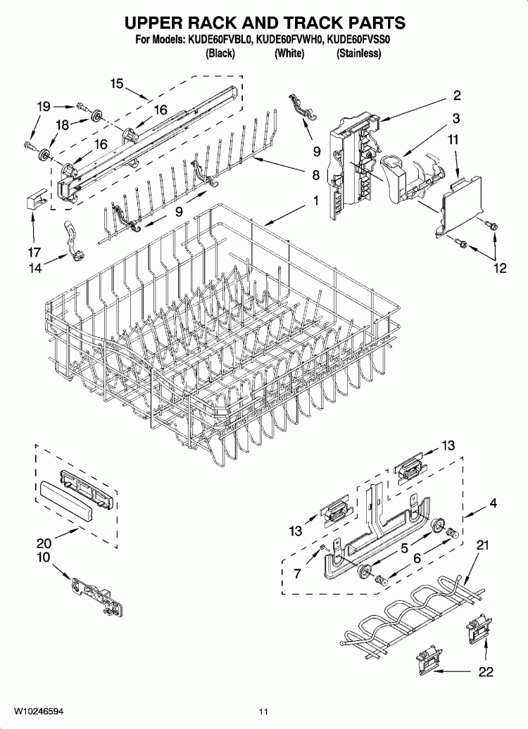 UPPER RACK AND TRACK PARTS Diagram and Parts List for KUDE60FVSS0  KitchenAid Dishwasher