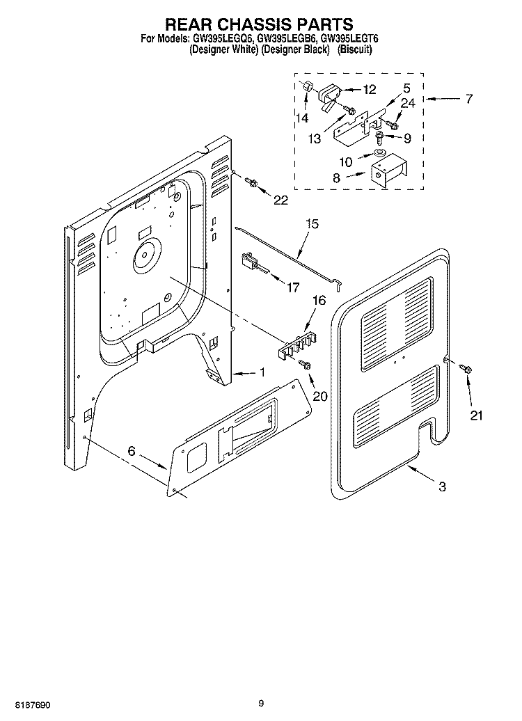 REAR CHASSIS Diagram and Parts List for GW395LEGB6  Whirlpool Range