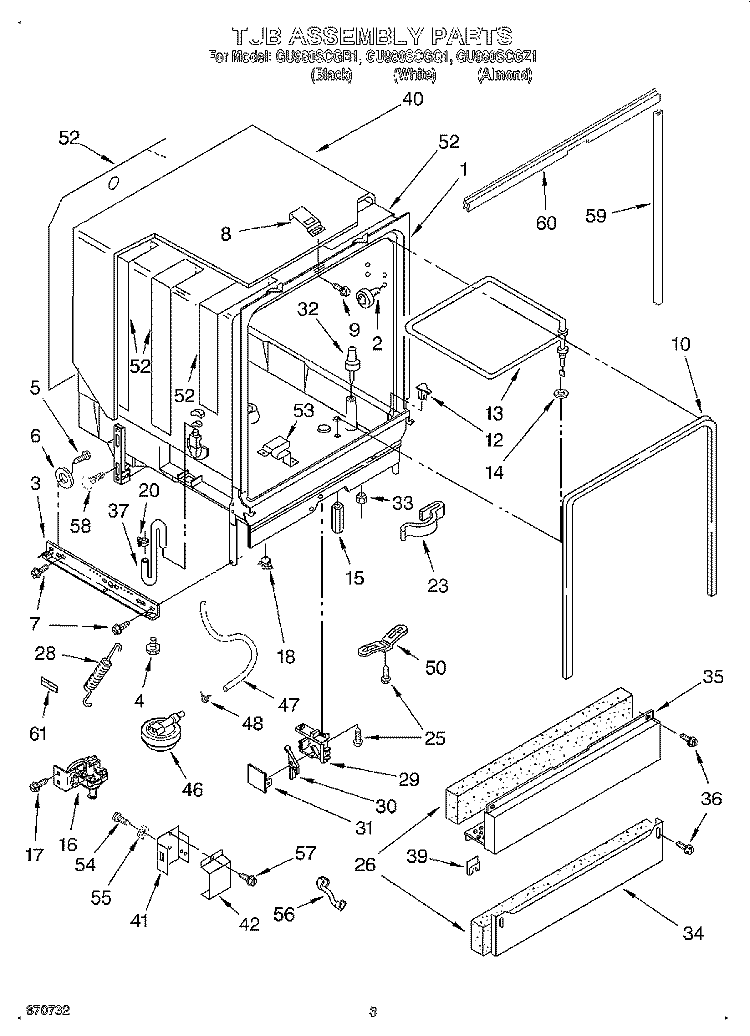 TUB ASSEMBLY Diagram and Parts List for GU980SCGZ1  Whirlpool Dishwasher