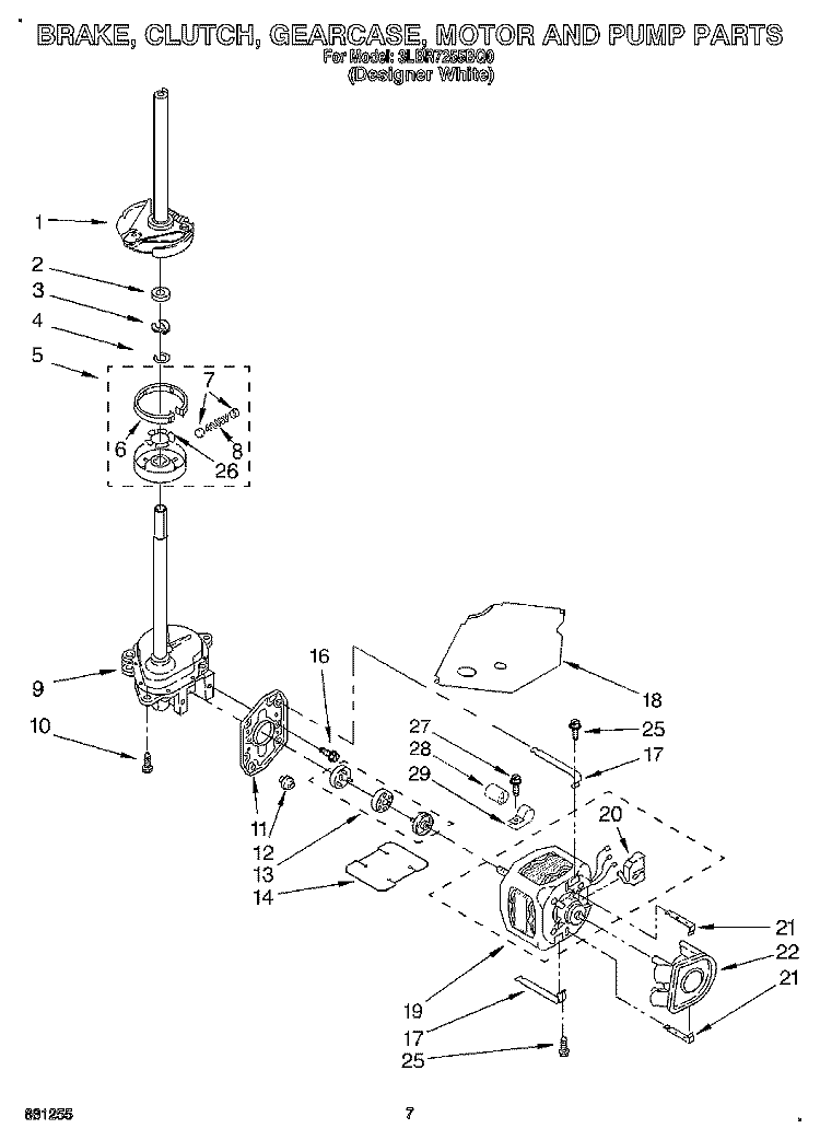 BRAKE, CLUTCH, GEARCASE, MOTOR & PUMP Diagram and Parts List for 3LBR7255BQ0  Whirlpool Washer