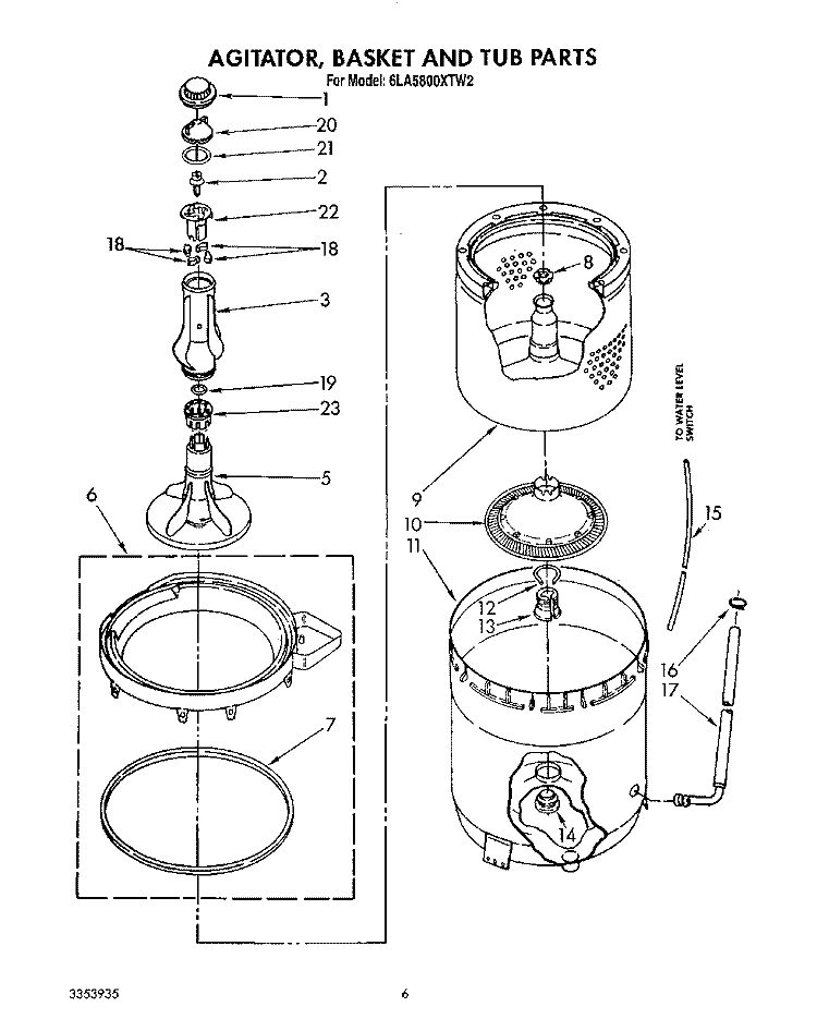 AGITATOR, BASKET AND TUB Diagram and Parts List for 6LA5800XTW2  Whirlpool Washer