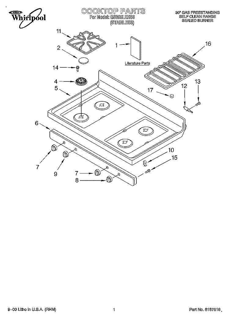 COOKTOP, LITERATURE Diagram and Parts List for GS395LEHS6  Whirlpool Range