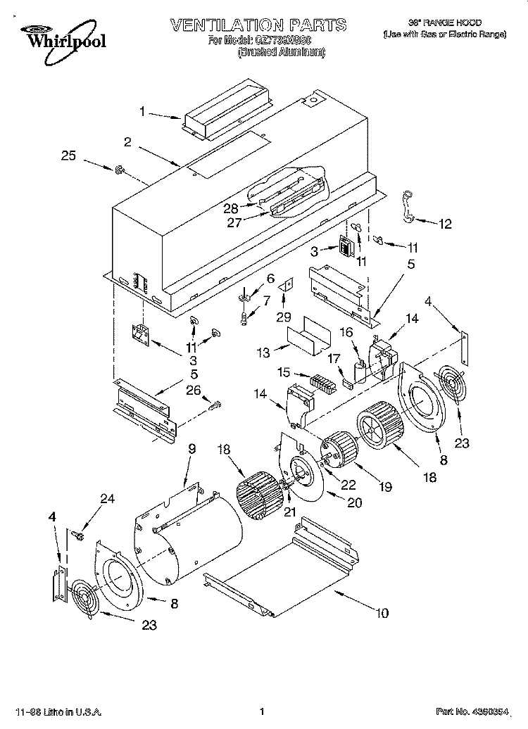 VENTILATION Diagram and Parts List for GZ7736XGS0  Whirlpool Range Hood