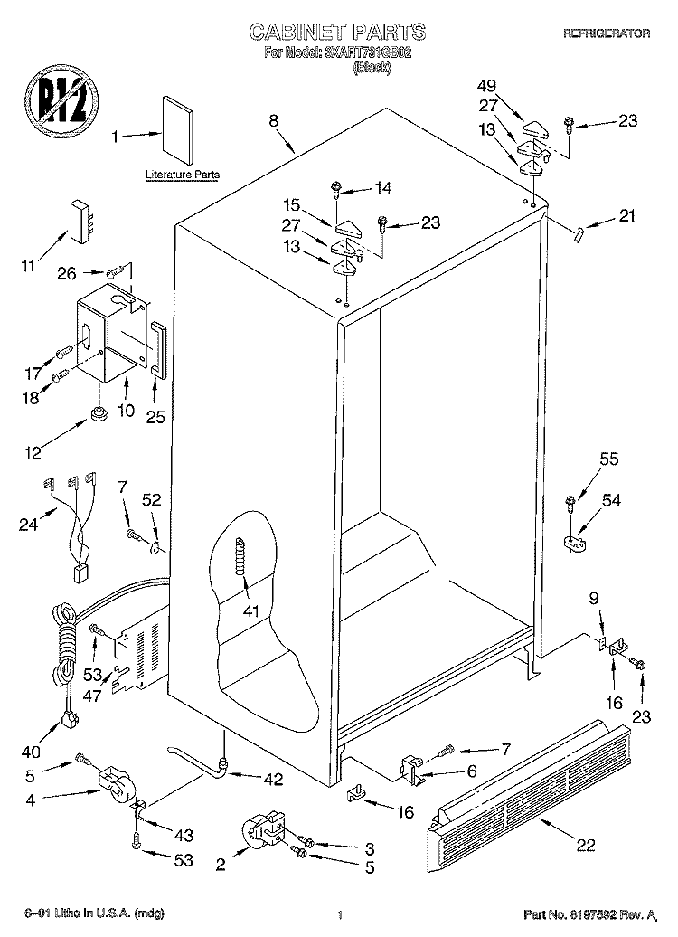 CABINET, LITERATURE Diagram and Parts List for 3XART731GB02  Whirlpool Refrigerator