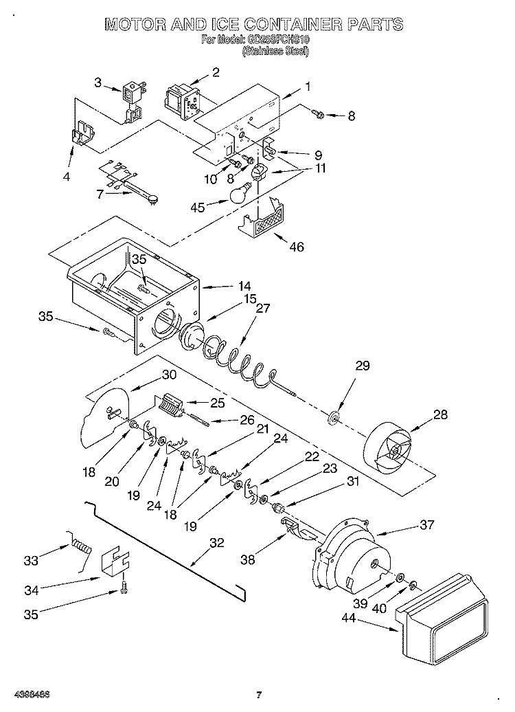 MOTOR AND ICE CONTAINER Diagram and Parts List for GD25SFCHS10  Whirlpool Refrigerator