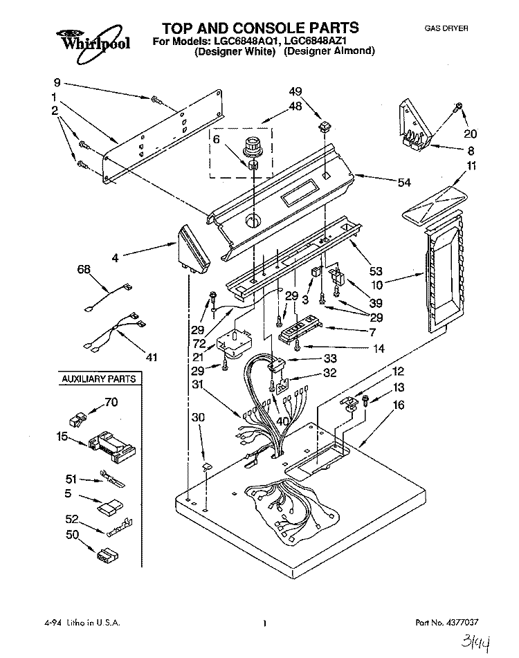 TOP & CONSOLE, LIT/OPTIONAL Diagram and Parts List for LGC6848AQ1  Whirlpool Dryer