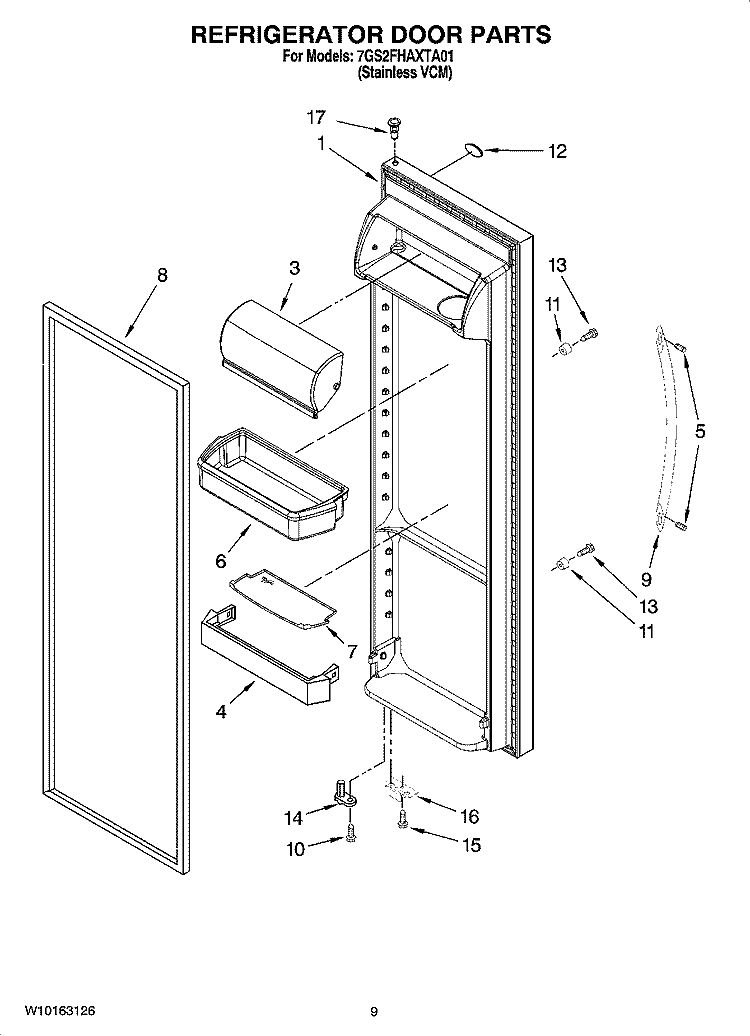REFRIGERATOR DOOR PARTS Diagram and Parts List for 7GS2FHAXTA01  Whirlpool Refrigerator