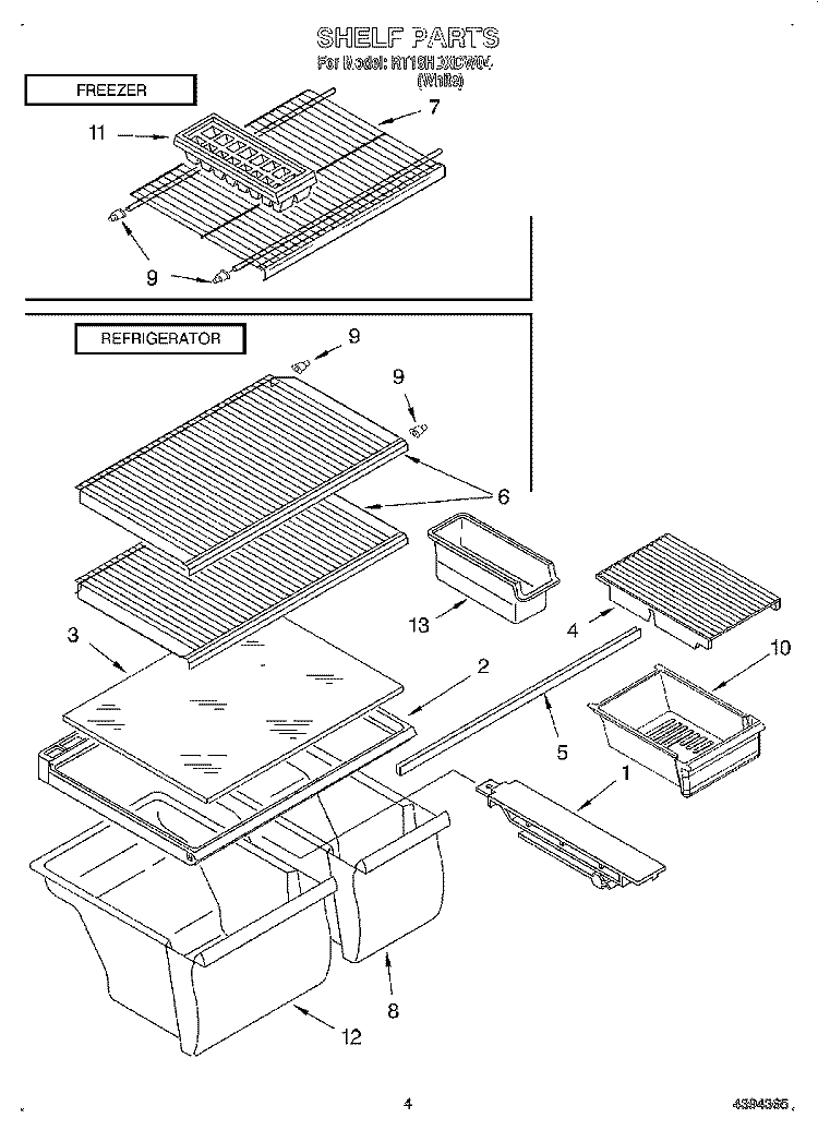 SHELF Diagram and Parts List for RT18HDXDW04  Roper Refrigerator