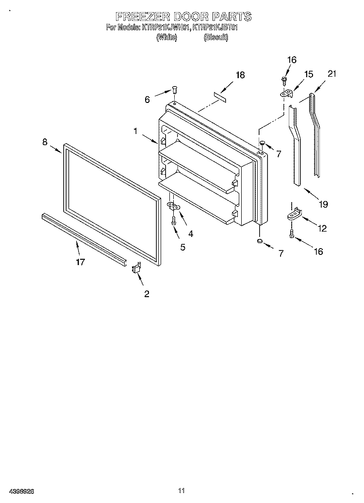 FREEZER DOOR, OPTIONAL Diagram and Parts List for KTRP21KJWH01  KitchenAid Refrigerator