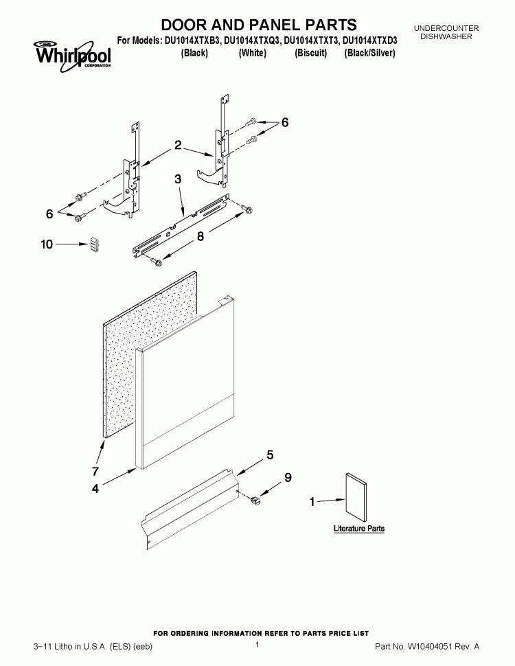 DOOR AND PANEL PARTS Diagram and Parts List for DU1014XTXQ3  Whirlpool Dishwasher