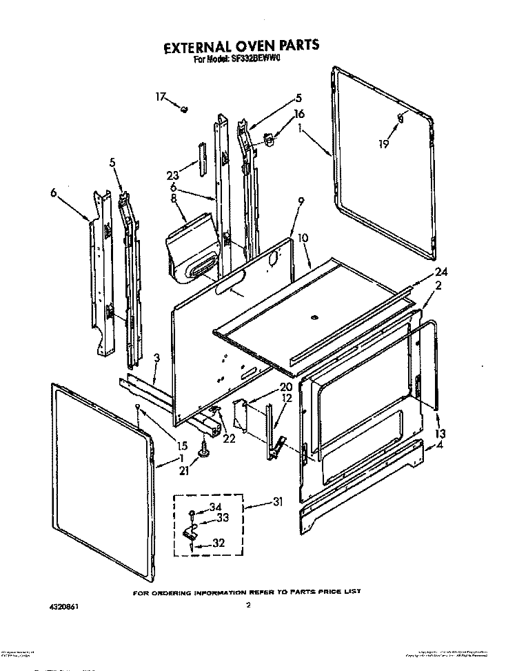 EXTERNAL OVEN Diagram and Parts List for SF332BEWN0  Whirlpool Range