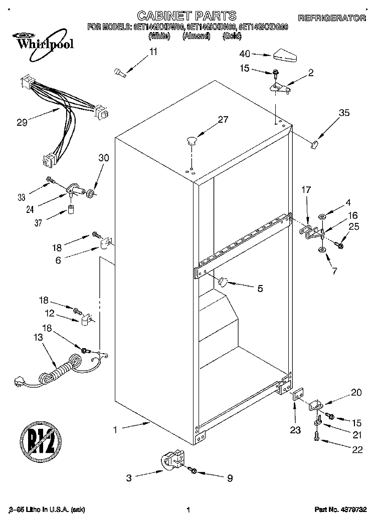 CABINET Diagram and Parts List for 8ET14GKXDW00  Whirlpool Refrigerator