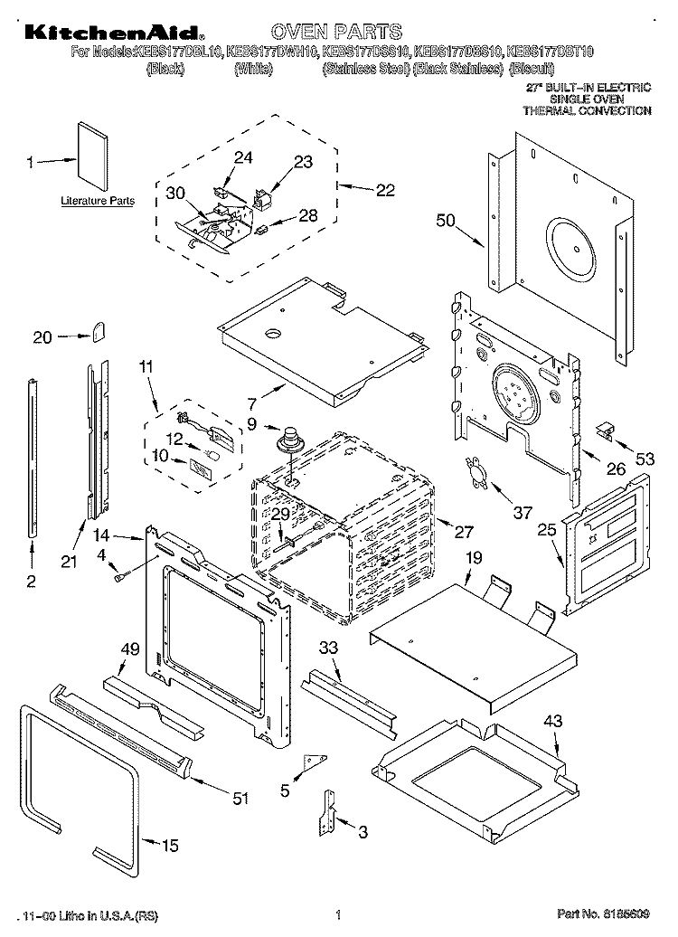 OVEN, LITERATURE Diagram and Parts List for KEBS177DSS10  KitchenAid Wall Oven