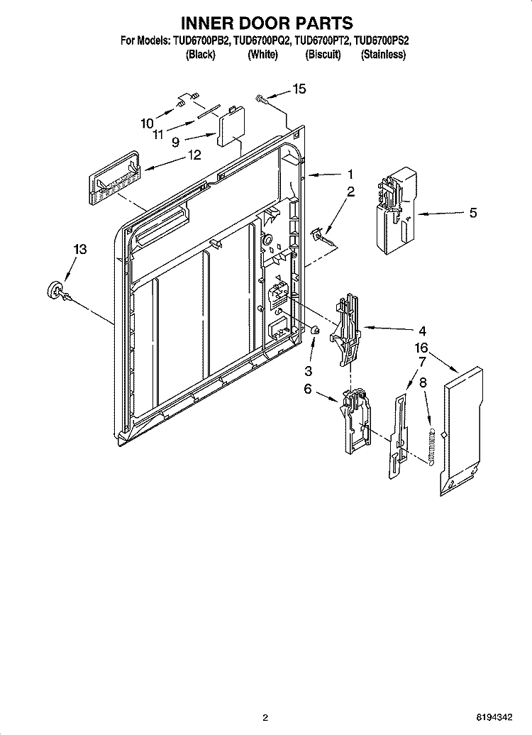 INNER DOOR PARTS Diagram and Parts List for TUD6700PB2  Estate Dishwasher