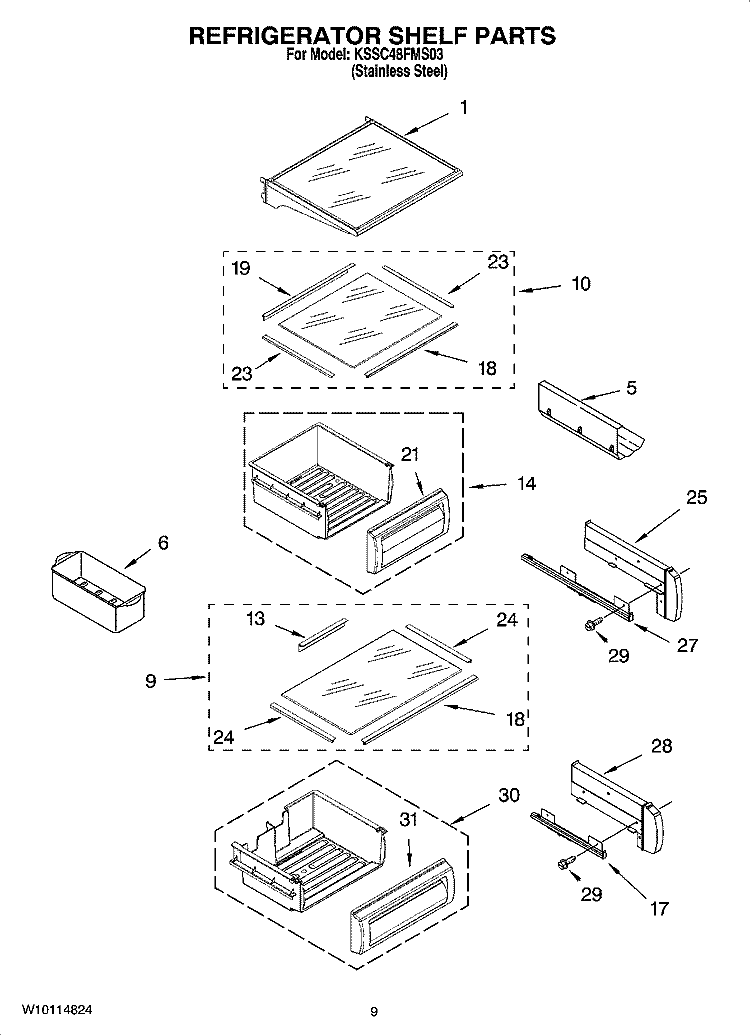 REFRIGERATOR SHELF PARTS Diagram and Parts List for KSSC48FMS03  KitchenAid Refrigerator