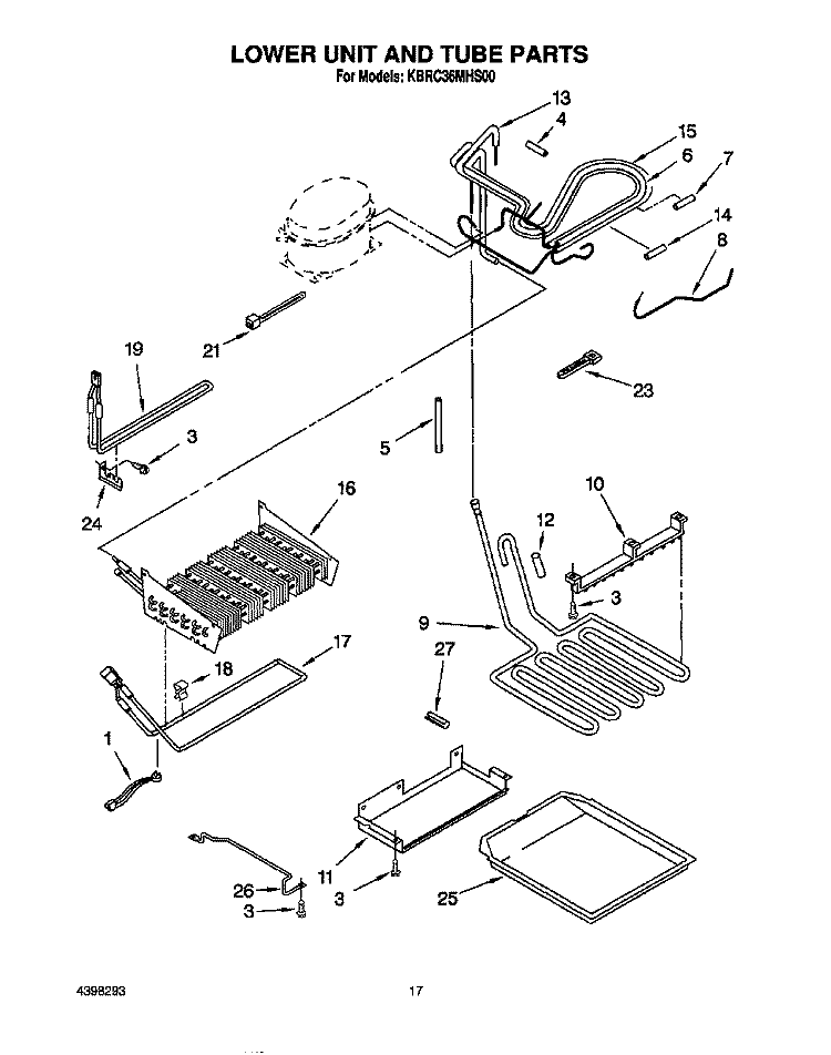 LOWER UNIT AND TUBE Diagram and Parts List for KBRC36MHS00  KitchenAid Refrigerator