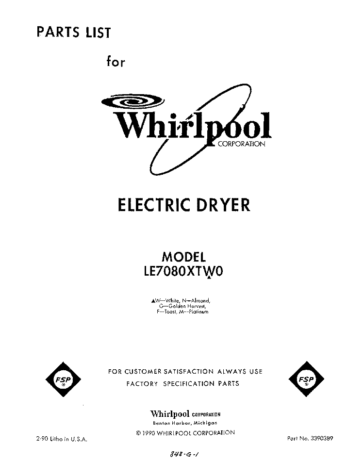 SECTION Diagram and Parts List for LE7080XTG0  Whirlpool Dryer