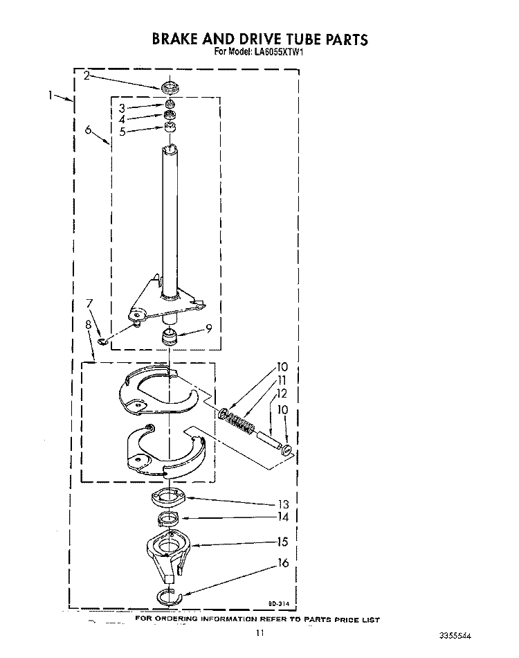 BRAKE AND DRIVE TUBE Diagram and Parts List for LA6055XTM1  Whirlpool Washer