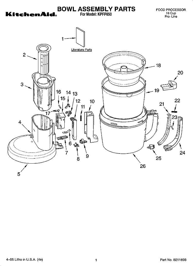 BOWL ASSEMBLY PARTS Diagram and Parts List for KPFP850  KitchenAid Food Processor