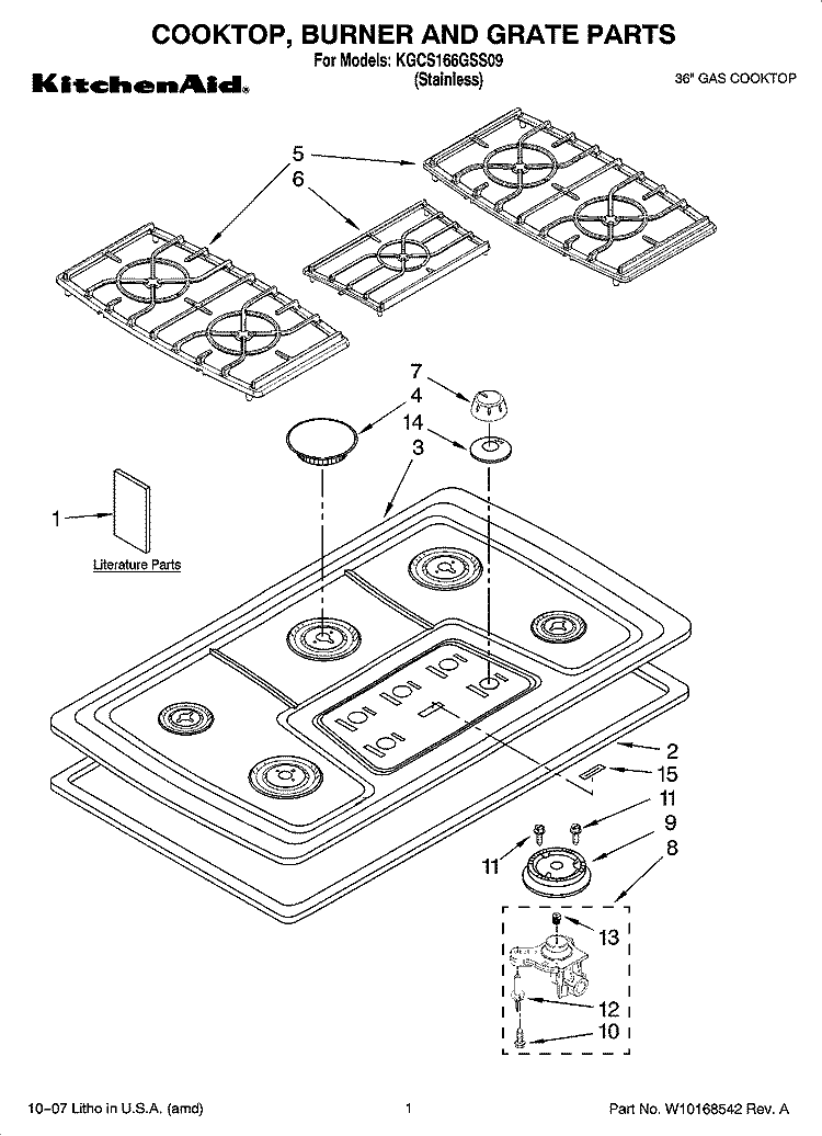 COOKTOP, BURNER AND GRATE PARTS Diagram and Parts List for KGCS166GSS09  KitchenAid Cooktop