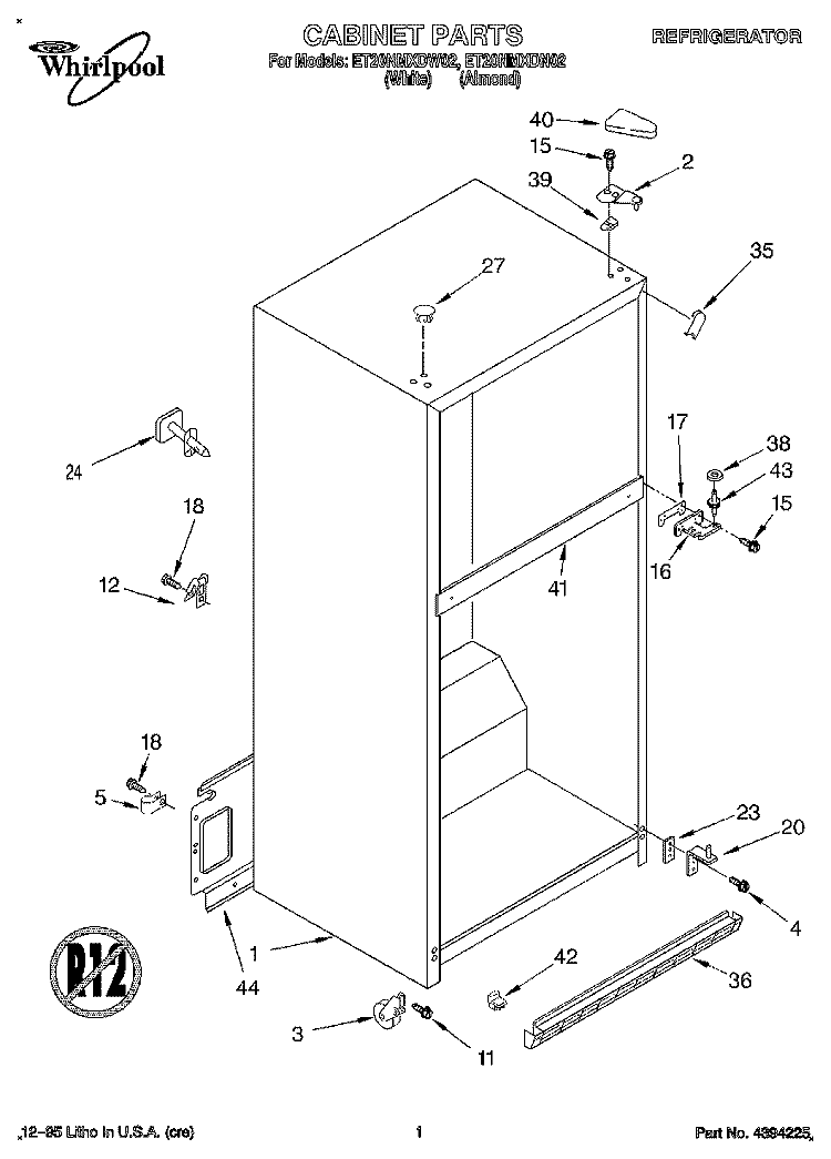 CABINET Diagram and Parts List for ET20NMXDW02  Whirlpool Refrigerator
