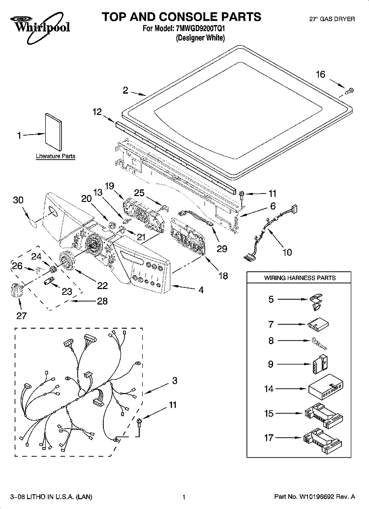 TOP AND CONSOLE PARTS Diagram and Parts List for 7MWGD9200TQ1  Whirlpool Dryer