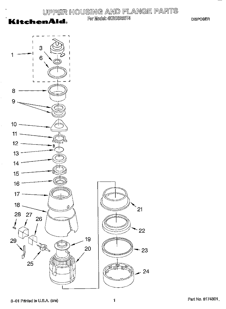 SECTION Diagram and Parts List for 4KBDS250T4  KitchenAid Food Waste Disposer