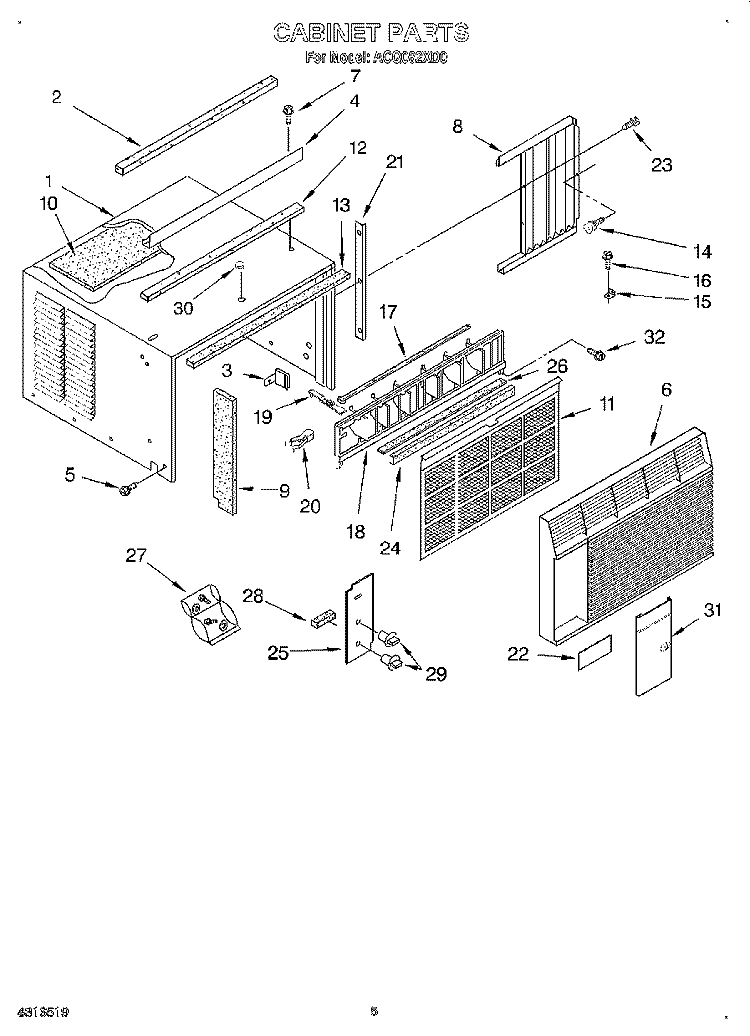 CABINET Diagram and Parts List for ACQ062XD0  Whirlpool Air Conditioner