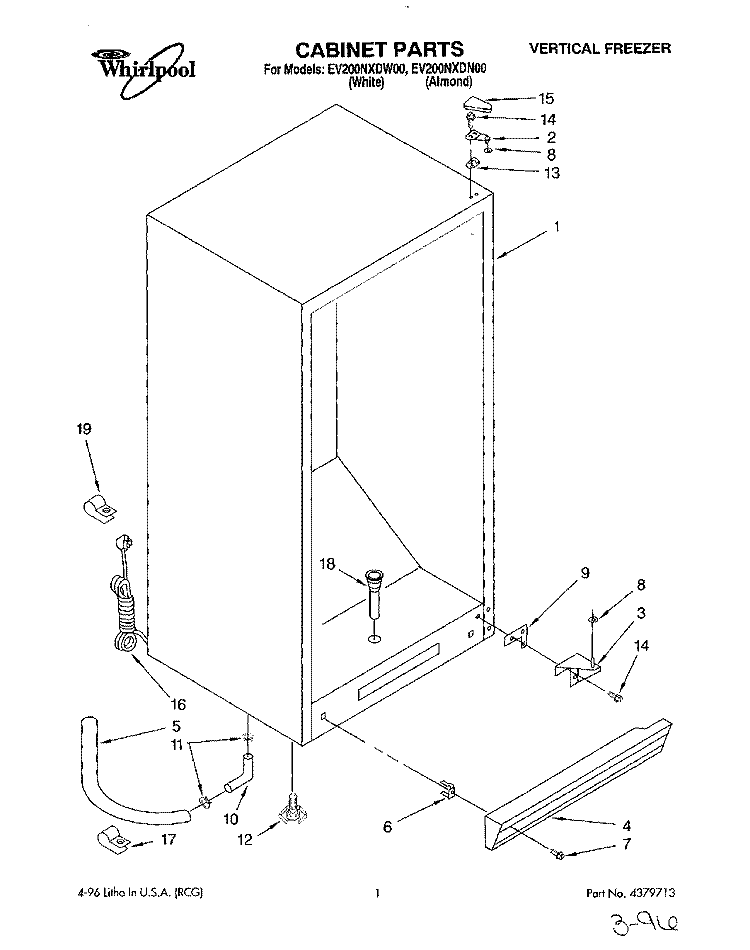 CABINET, LIT/OPTIONAL Diagram and Parts List for EV200NXDN00  Whirlpool Freezer