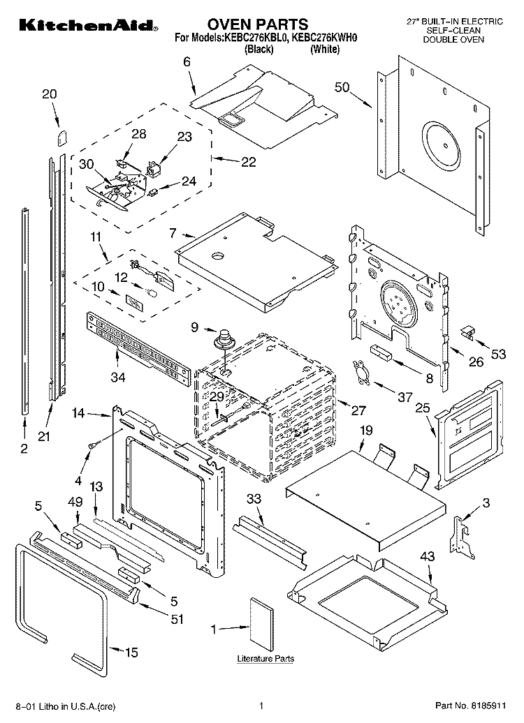 OVEN, LITERATURE Diagram and Parts List for KEBC276KBL0  KitchenAid Wall Oven