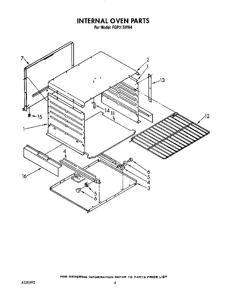 INTERNAL OVEN Diagram and Parts List for FGP315VW4  Roper Range