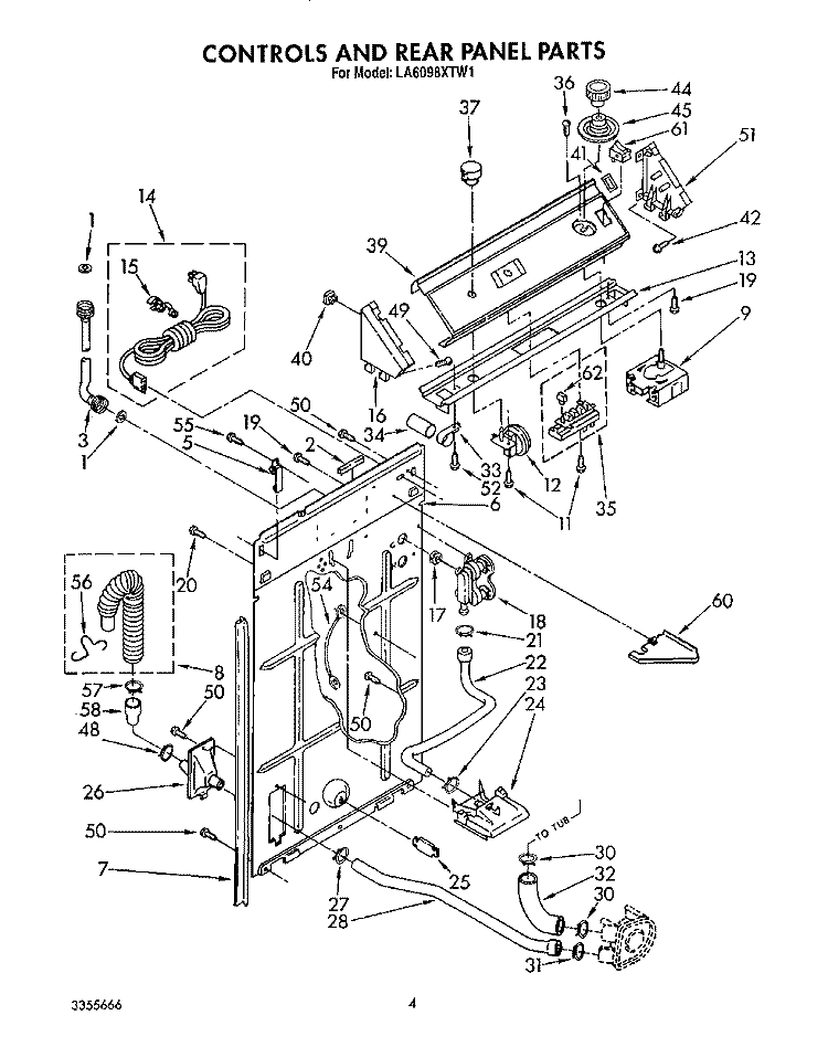 CONTROLS AND REAR PANEL Diagram and Parts List for LA6098XTF1  Whirlpool Washer