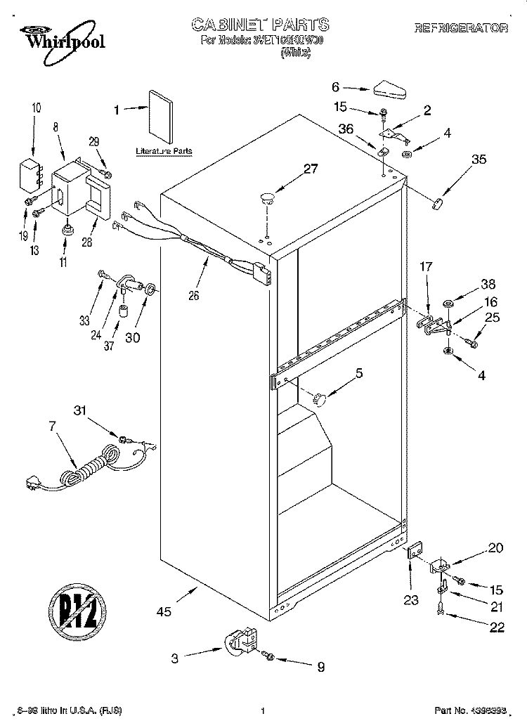 CABINET, LITERATURE Diagram and Parts List for 3VET16GKGW00  Whirlpool Refrigerator
