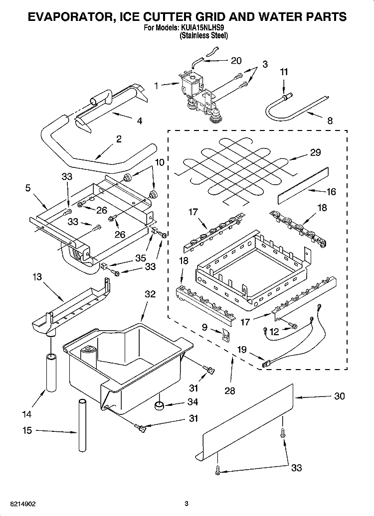 EVAPORATOR, ICE CUTTER GRID AND WATER PARTS Diagram and Parts List for KUIA15NLHS9  KitchenAid Ice Maker