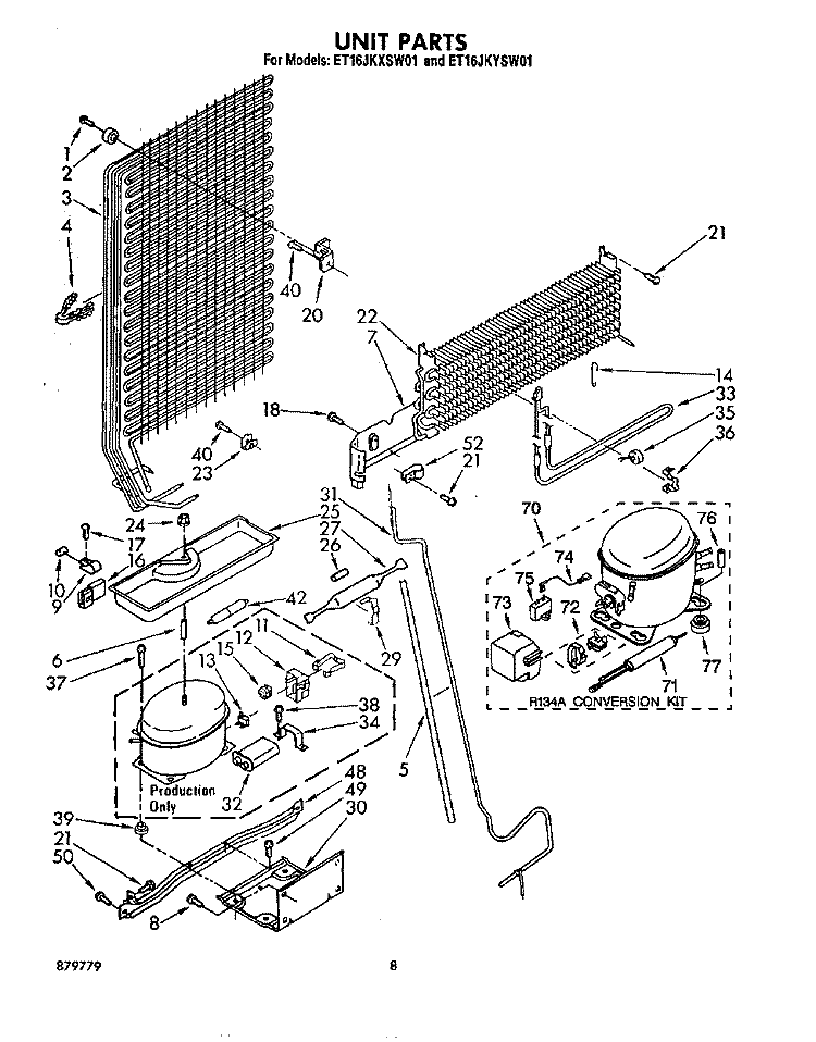 UNIT Diagram and Parts List for ET16JKXSW01  Whirlpool Refrigerator