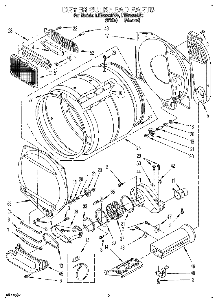 DRYER BULKHEAD Diagram and Parts List for LTE6234AW3  Whirlpool Washer Dryer Combo