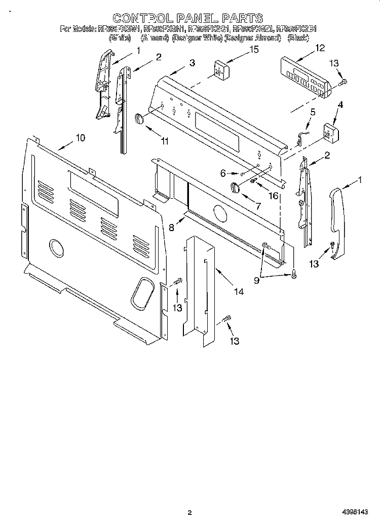 CONTROL PANEL Diagram and Parts List for RF386PXGN1  Whirlpool Range