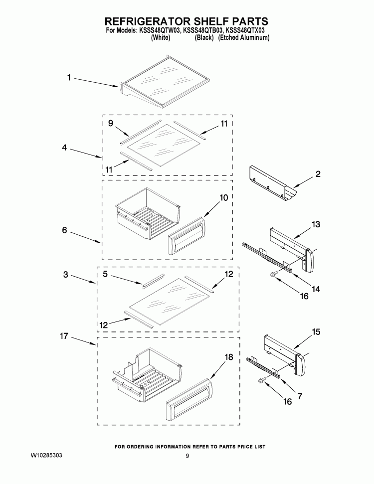 REFRIGERATOR SHELF PARTS Diagram and Parts List for KSSS48QTW03  KitchenAid Refrigerator